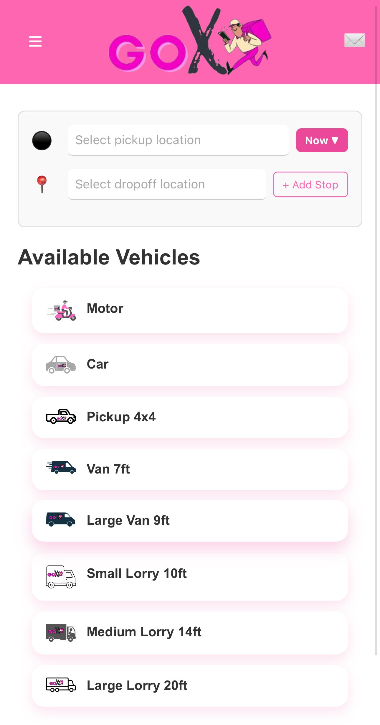 GO X app showing pickup and dropoff fields and available delivery vehicles